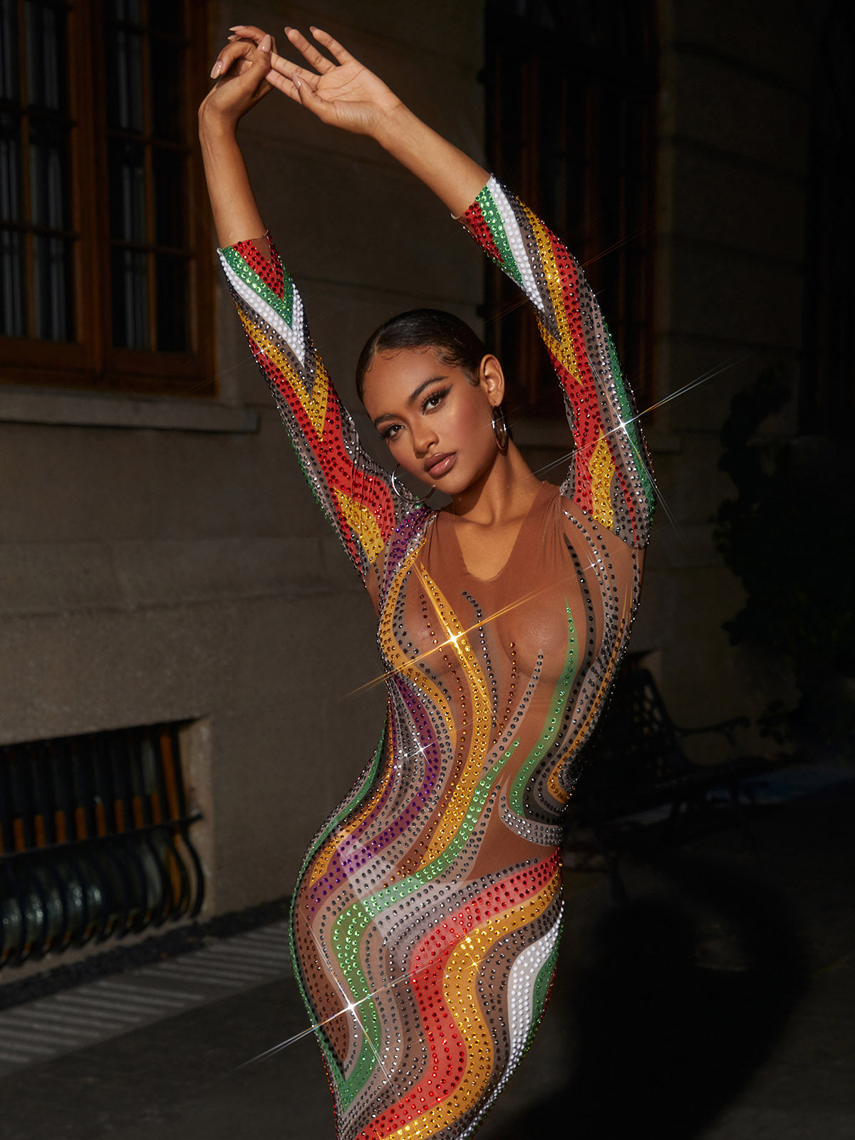 Colorful Long Sleeve Mesh Midi Dress | Mix Mix Style [Hot Seller]-Mix MIx Style