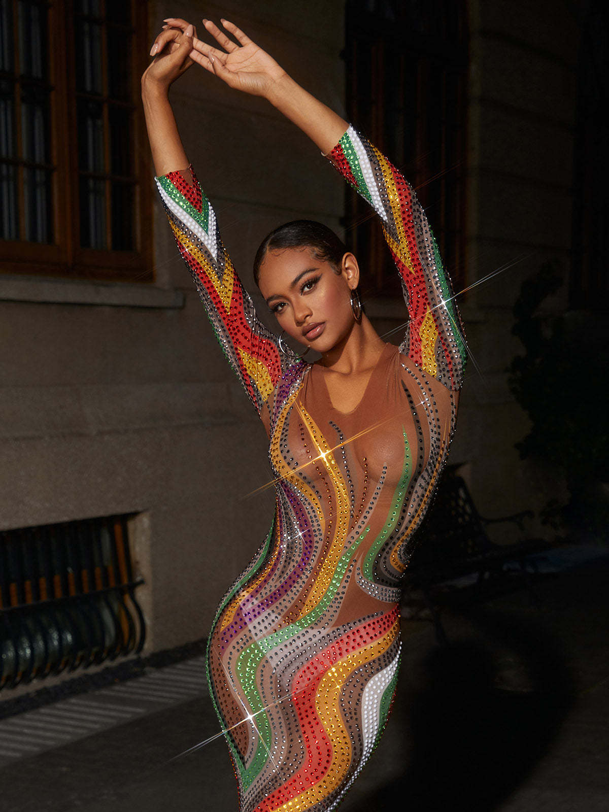Colorful Long Sleeve Mesh Midi Dress | Mix Mix Style [Hot Seller]-Mix MIx Style