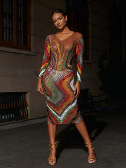 Colorful Long Sleeve Mesh Midi Dress | Mix Mix Style [Hot Seller]-Mix MIx Style