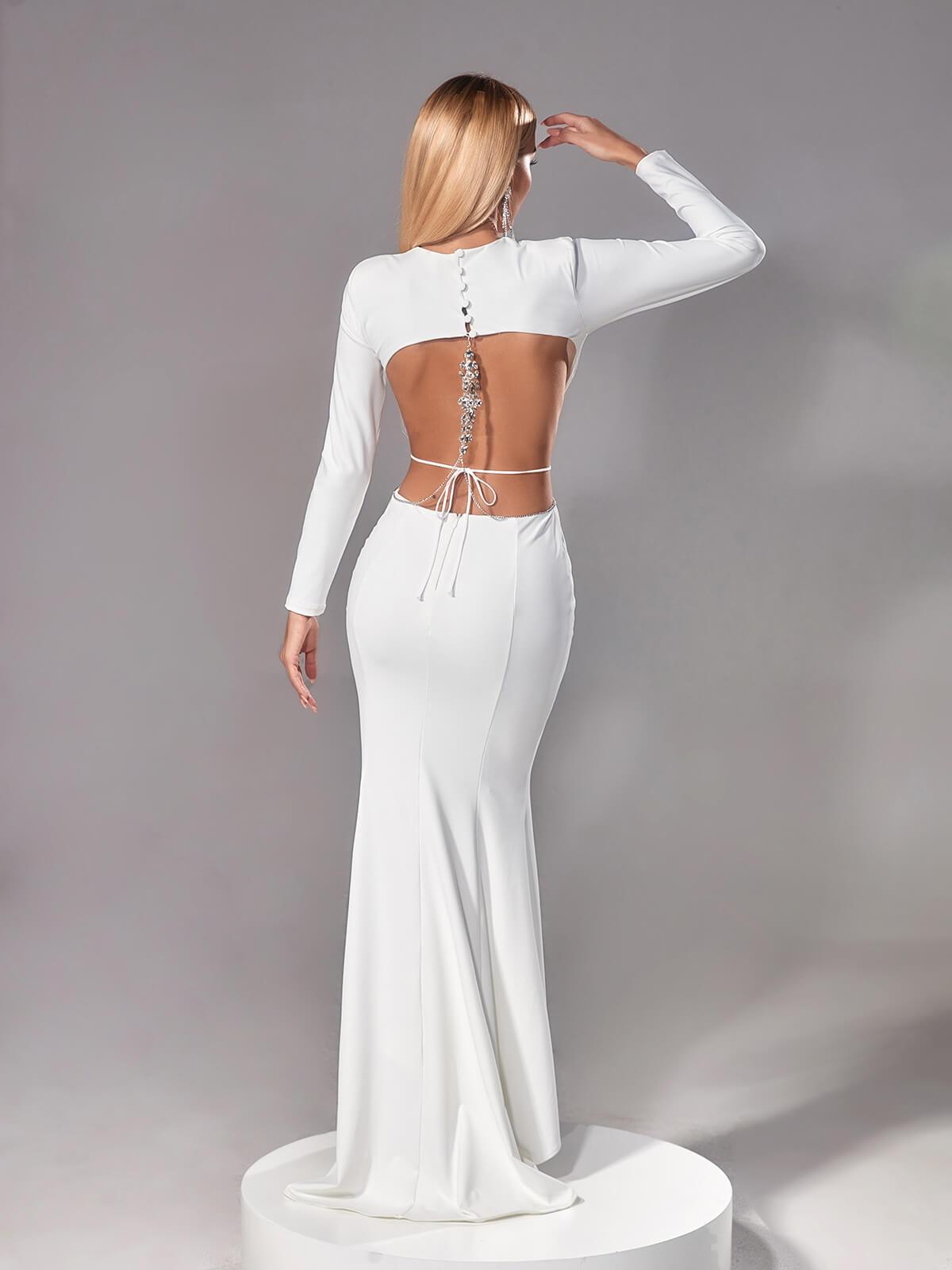 Backless Embellished Maxi Dress In White | Mix Mix Style [Hot Seller]-Mix MIx Style