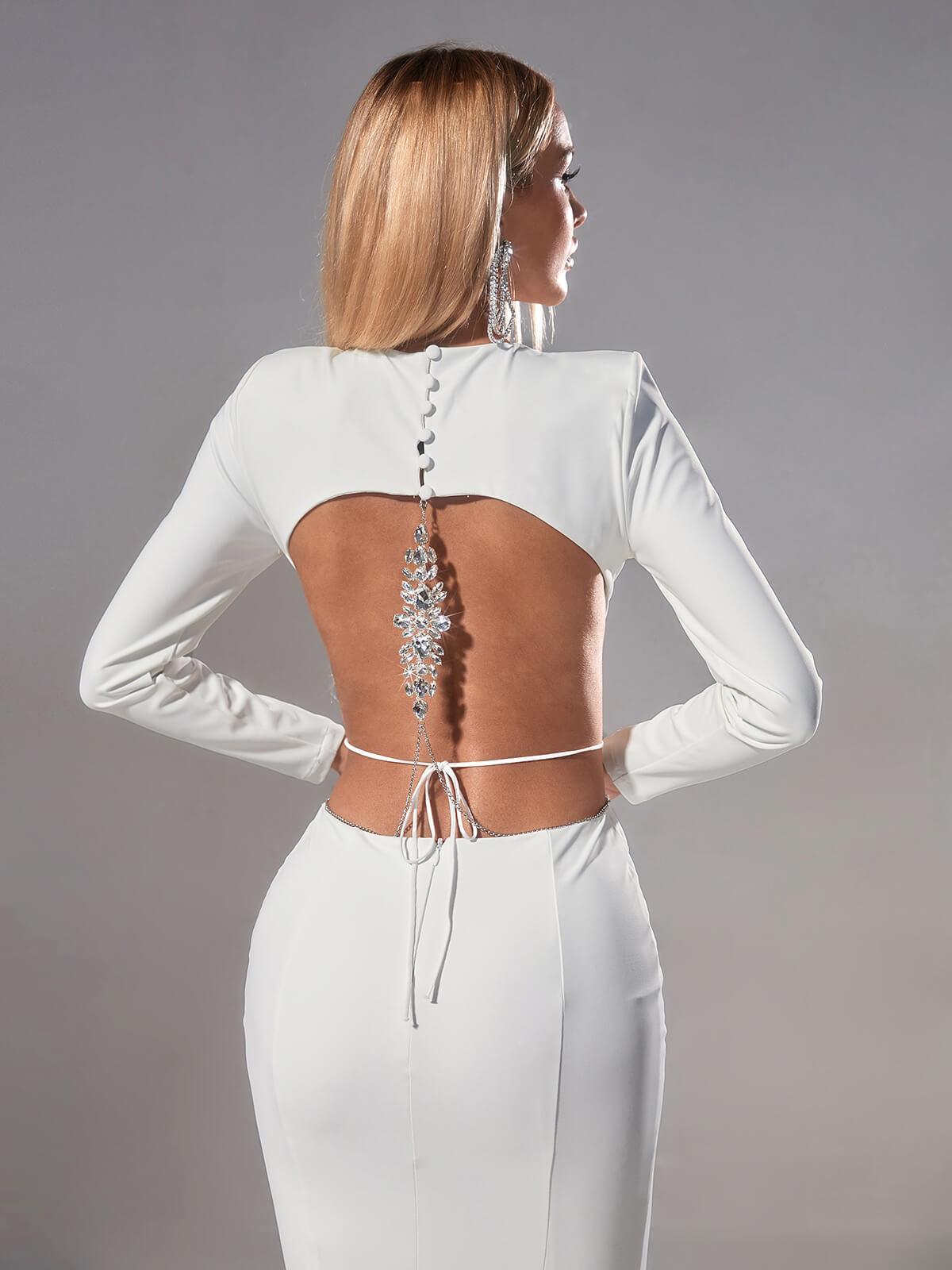 Backless Embellished Maxi Dress In White | Mix Mix Style [Hot Seller]-Mix MIx Style