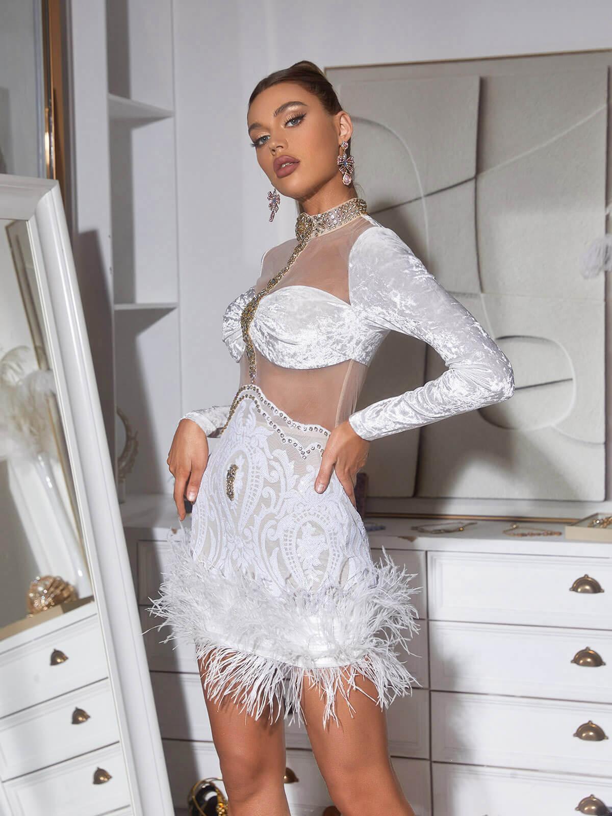 White Long Sleeve Embellished Feather Mini Dress | Mix Mix Style [Hot Seller]-Mix MIx Style