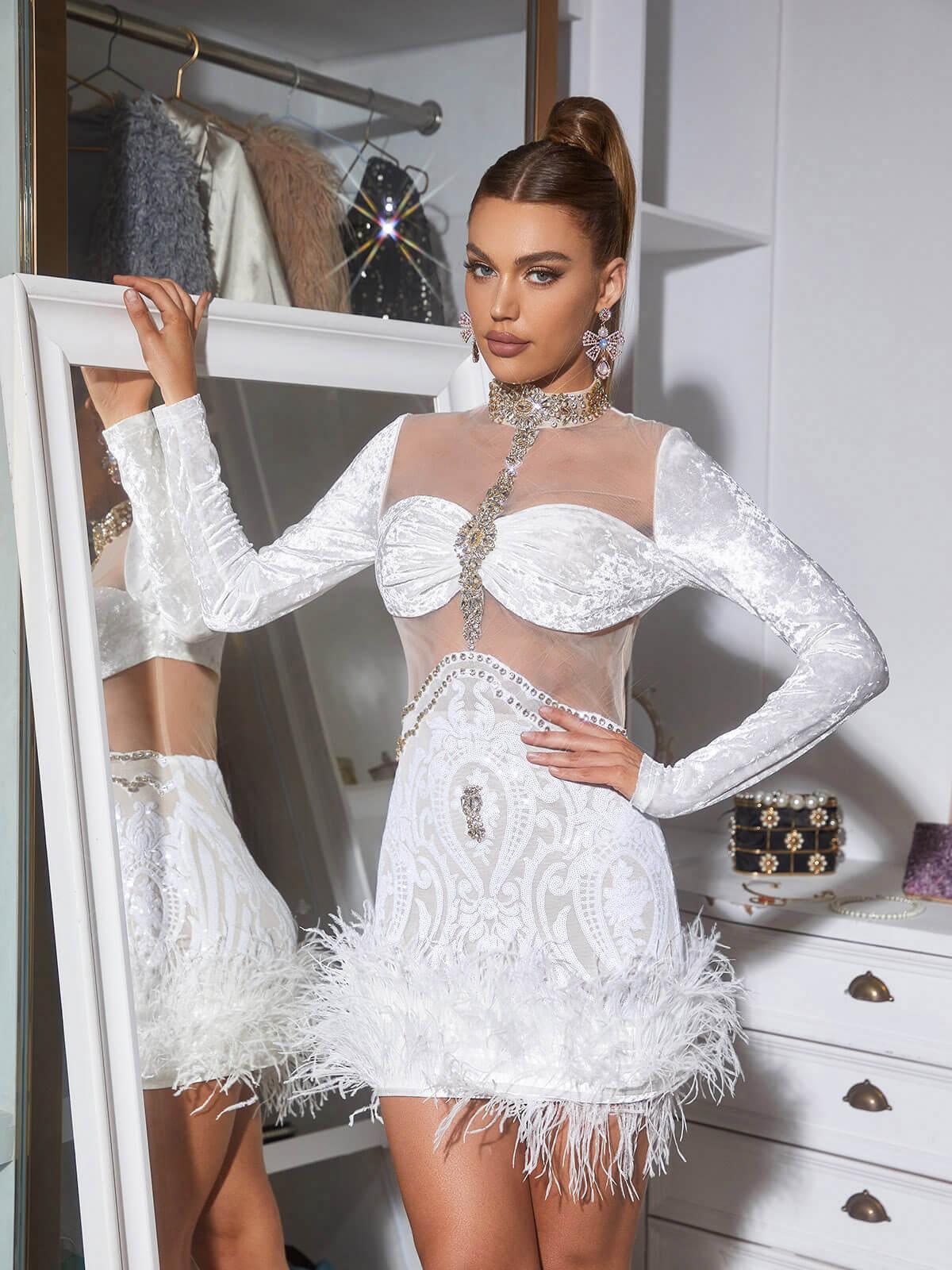 White Long Sleeve Embellished Feather Mini Dress | Mix Mix Style [Hot Seller]-Mix MIx Style