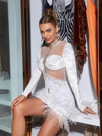 White Long Sleeve Embellished Feather Mini Dress | Mix Mix Style [Hot Seller]-Mix MIx Style