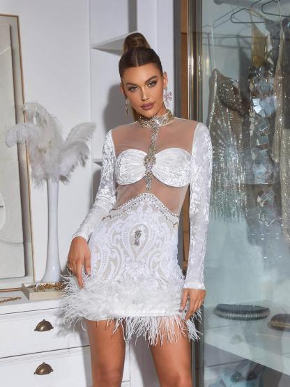 White Long Sleeve Embellished Feather Mini Dress | Mix Mix Style [Hot Seller]-Mix MIx Style