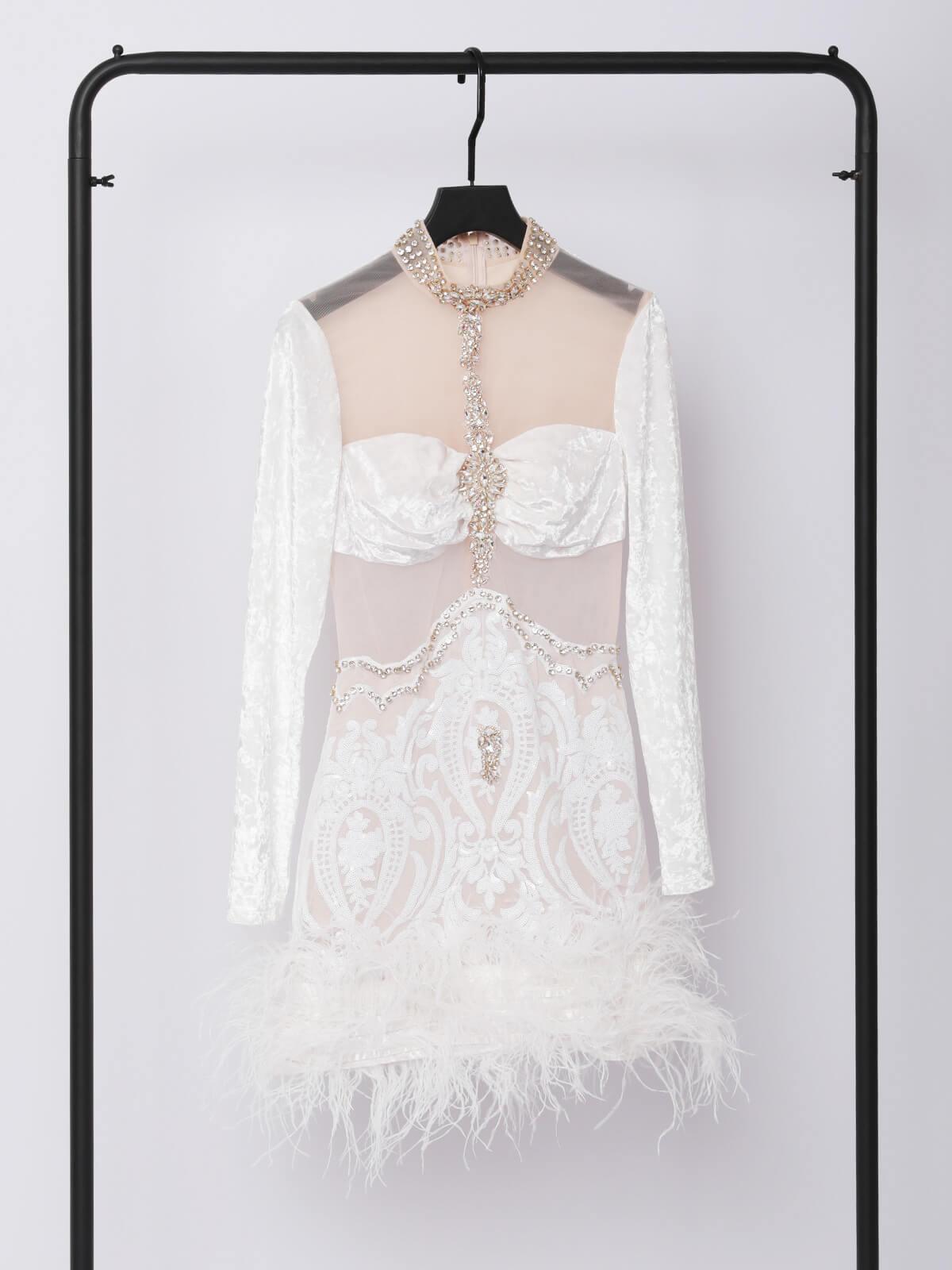 White Long Sleeve Embellished Feather Mini Dress | Mix Mix Style [Hot Seller]-Mix MIx Style