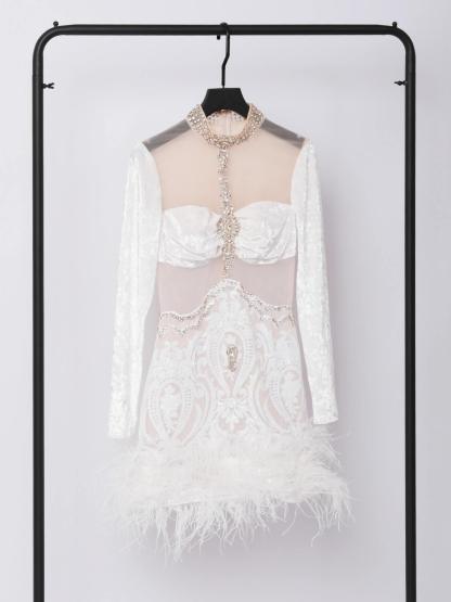 White Long Sleeve Embellished Feather Mini Dress | Mix Mix Style [Hot Seller]-Mix MIx Style