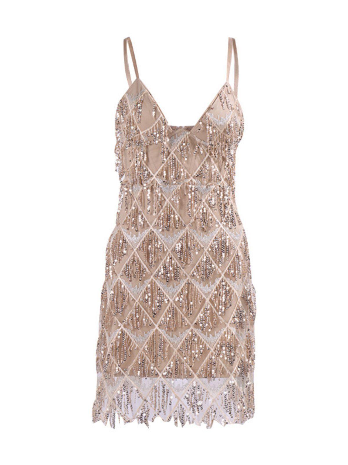 Eluned Sequin Fringe Mini Dress In Khaki-Mix MIx Style