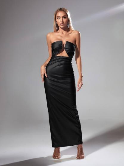 Strapless Leather Maxi Dress In Black | Mix Mix Style [Hot Seller]-Mix MIx Style
