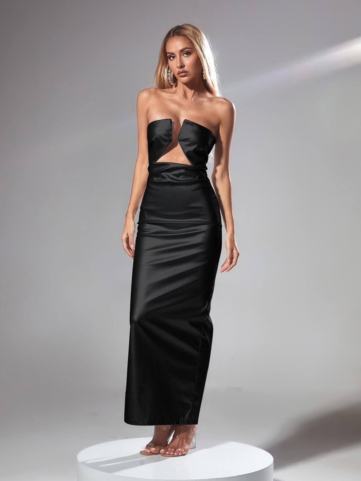 Strapless Leather Maxi Dress In Black | Mix Mix Style [Hot Seller]-Mix MIx Style
