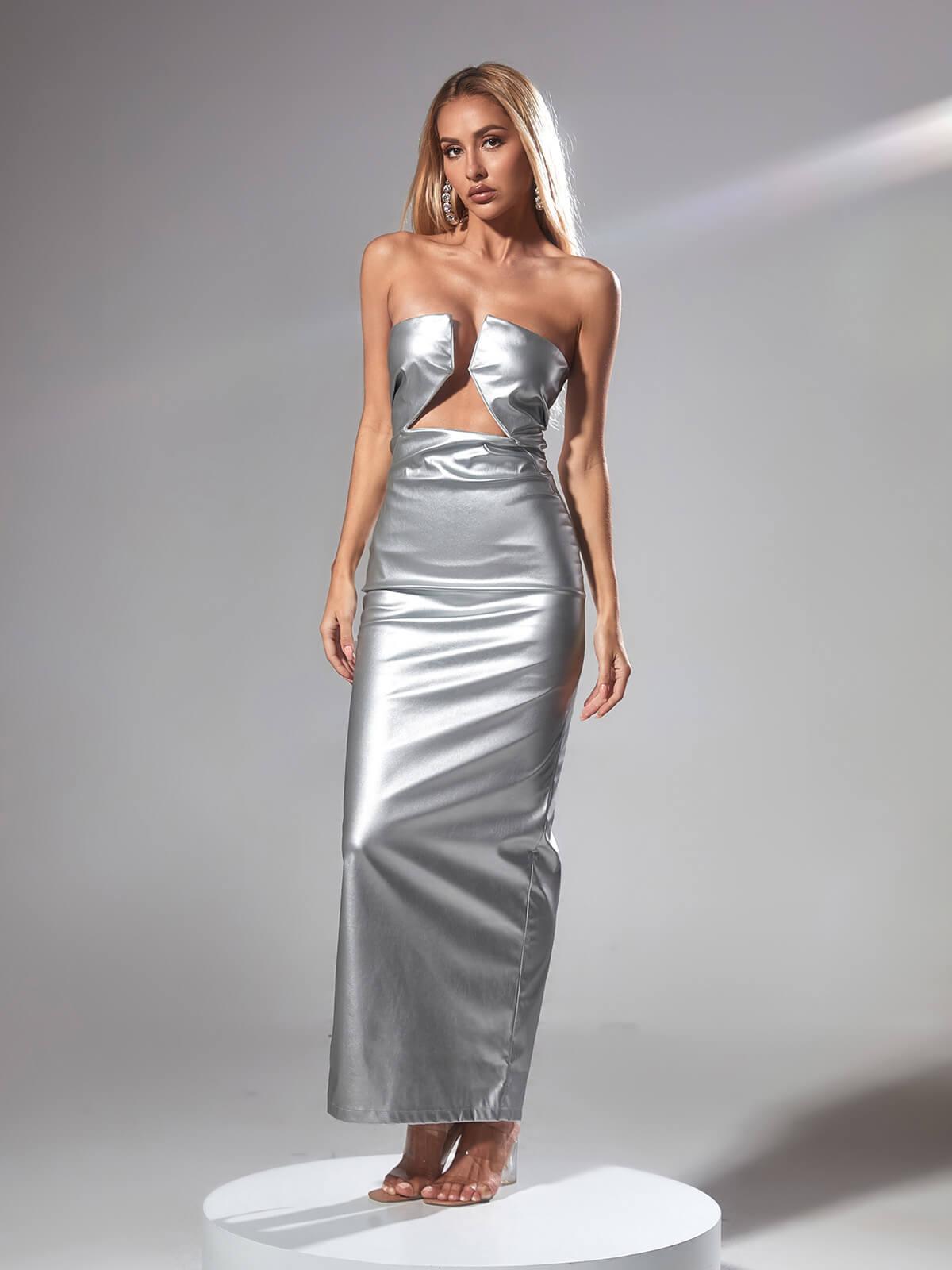 Strapless Leather Maxi Dress In Silver | Mix Mix Style [Hot Seller]-Mix MIx Style
