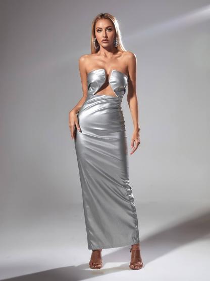 Strapless Leather Maxi Dress In Silver | Mix Mix Style [Hot Seller]-Mix MIx Style