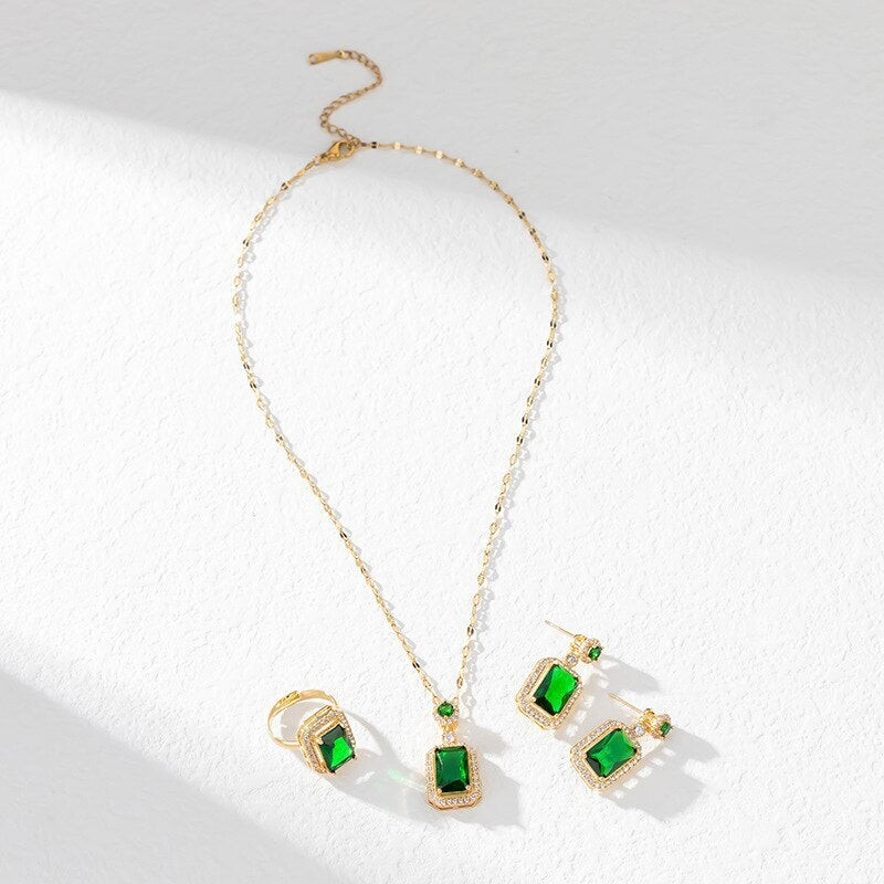 18k Gold Plated Green Emerald Cut Moissanite Necklace Earrings and Ring Set | Mix Mix Style [Hot Seller]-Mix MIx Style