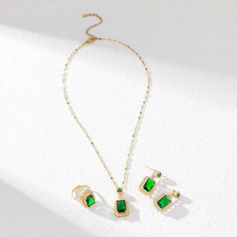 18k Gold Plated Green Emerald Cut Moissanite Necklace Earrings and Ring Set | Mix Mix Style [Hot Seller]-Mix MIx Style