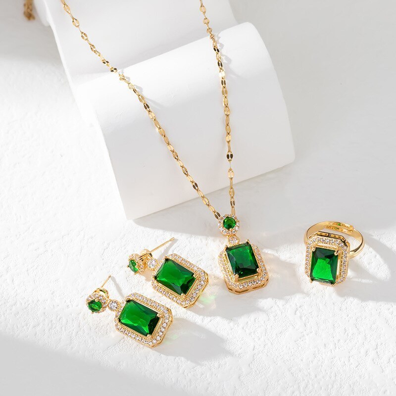18k Gold Plated Green Emerald Cut Moissanite Necklace Earrings and Ring Set | Mix Mix Style [Hot Seller]-Mix MIx Style