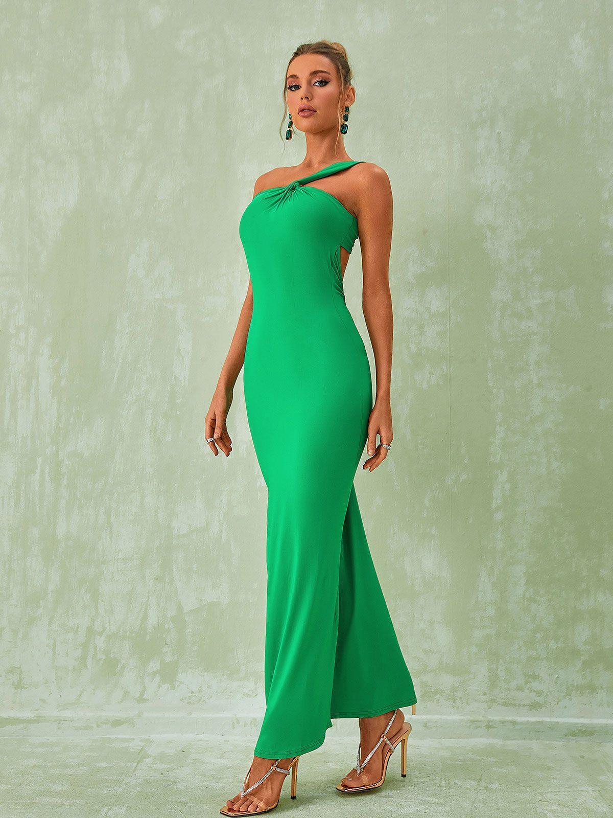 One Shoulder Backless Maxi Dress In Green | Mix Mix Style [Hot Seller]-Mix MIx Style