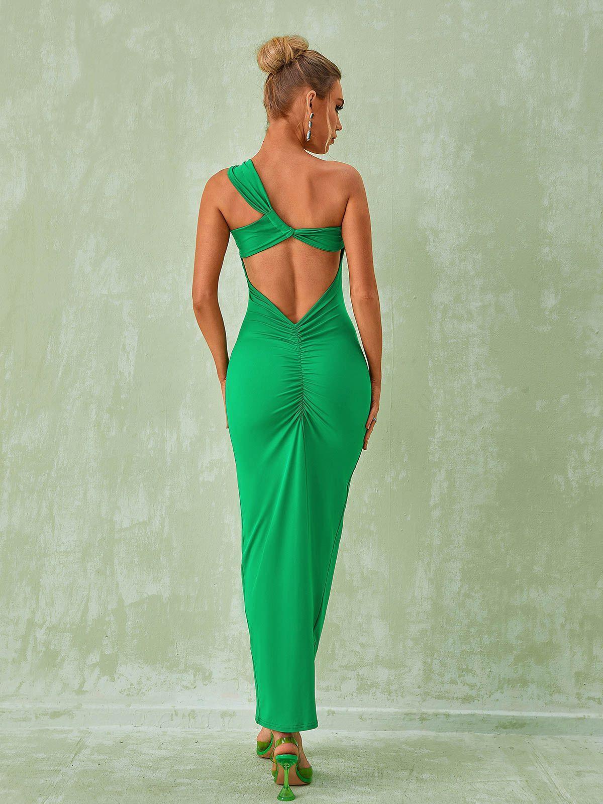 One Shoulder Backless Maxi Dress In Green | Mix Mix Style [Hot Seller]-Mix MIx Style