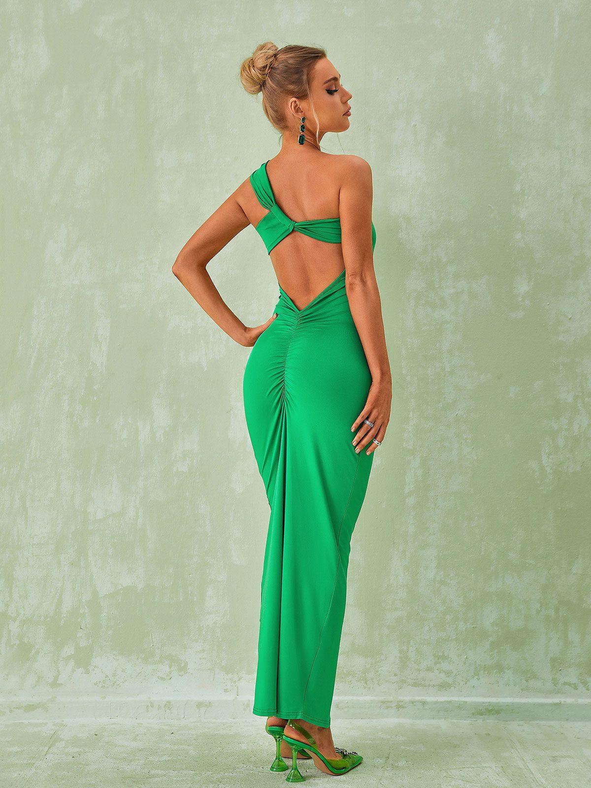 One Shoulder Backless Maxi Dress In Green | Mix Mix Style [Hot Seller]-Mix MIx Style