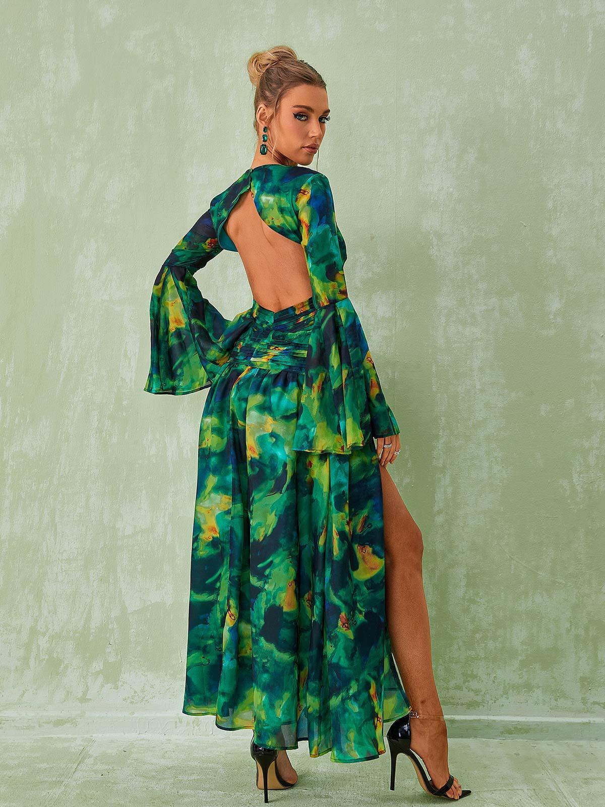 Long Sleeve Split Printed Dress In Green | Mix Mix Style [Hot Seller]-Mix MIx Style