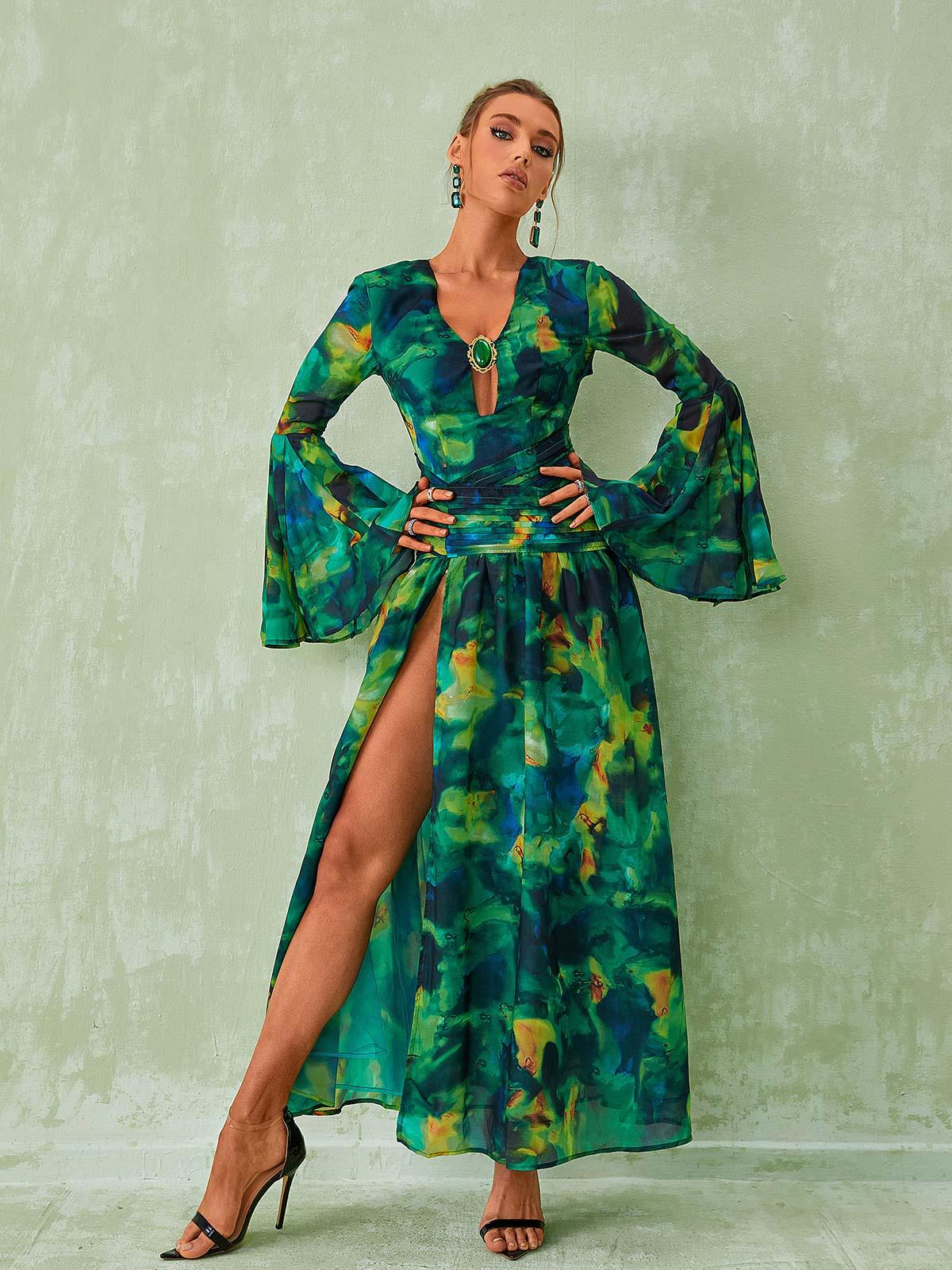 Long Sleeve Split Printed Dress In Green | Mix Mix Style [Hot Seller]-Mix MIx Style