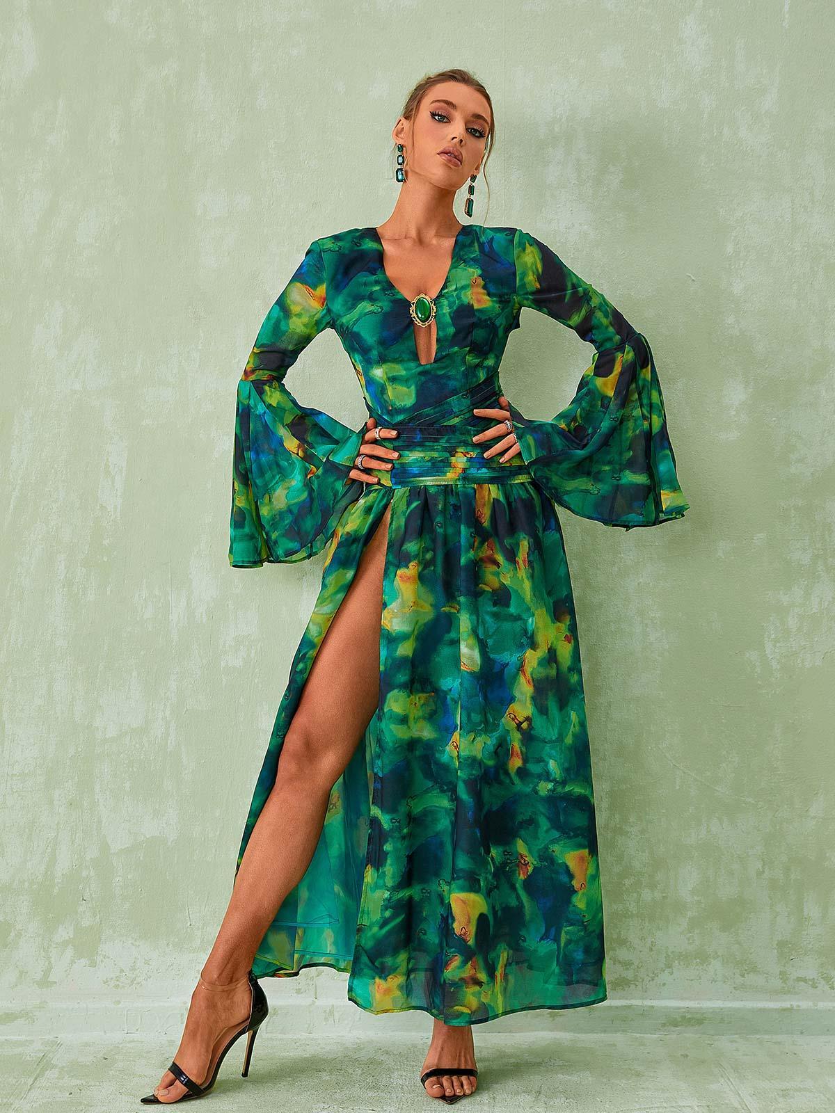 Long Sleeve Split Printed Dress In Green | Mix Mix Style [Hot Seller]-Mix MIx Style