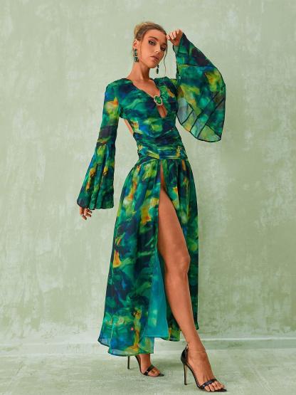 Long Sleeve Split Printed Dress In Green | Mix Mix Style [Hot Seller]-Mix MIx Style