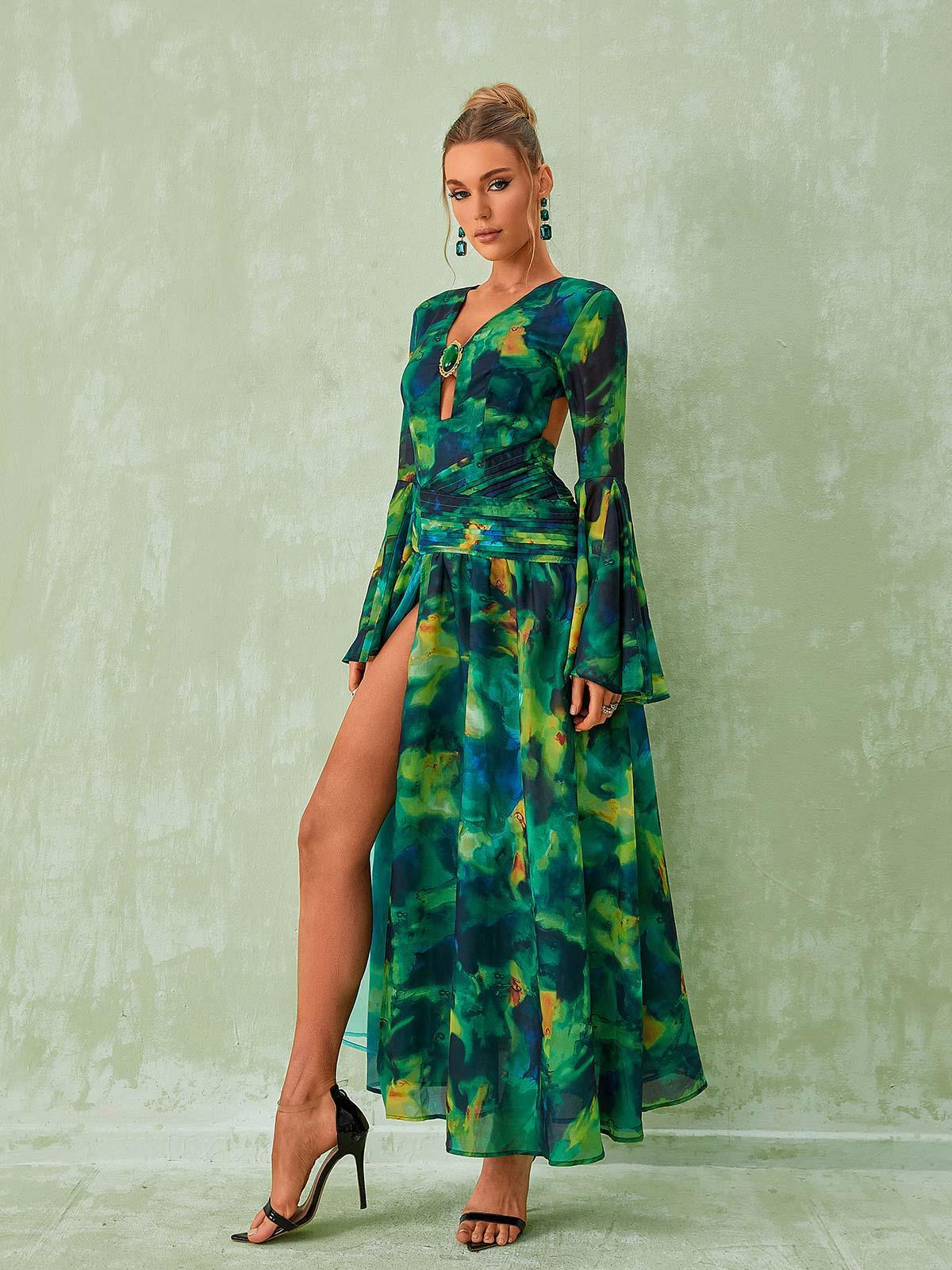 Long Sleeve Split Printed Dress In Green | Mix Mix Style [Hot Seller]-Mix MIx Style