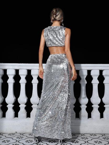 Silver Sequin Split Top & Maxi Skirt Set | Mix Mix Style [Hot Seller]-Mix MIx Style
