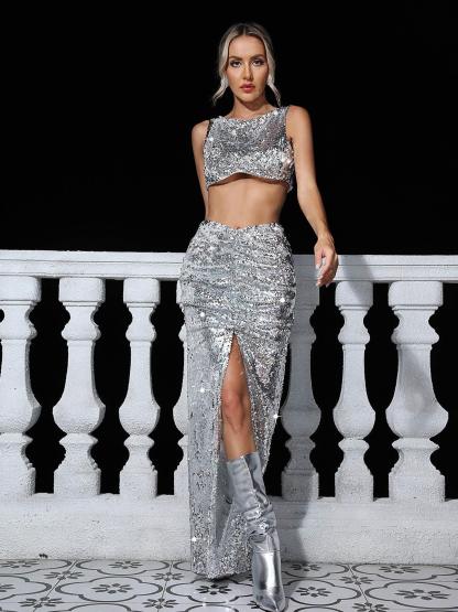 Silver Sequin Split Top & Maxi Skirt Set | Mix Mix Style [Hot Seller]-Mix MIx Style