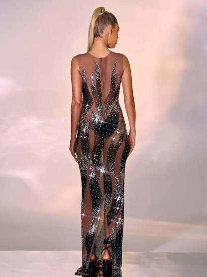Black Rhinestone Mesh Maxi Dress | Mix Mix Style [Hot Seller]-Mix MIx Style