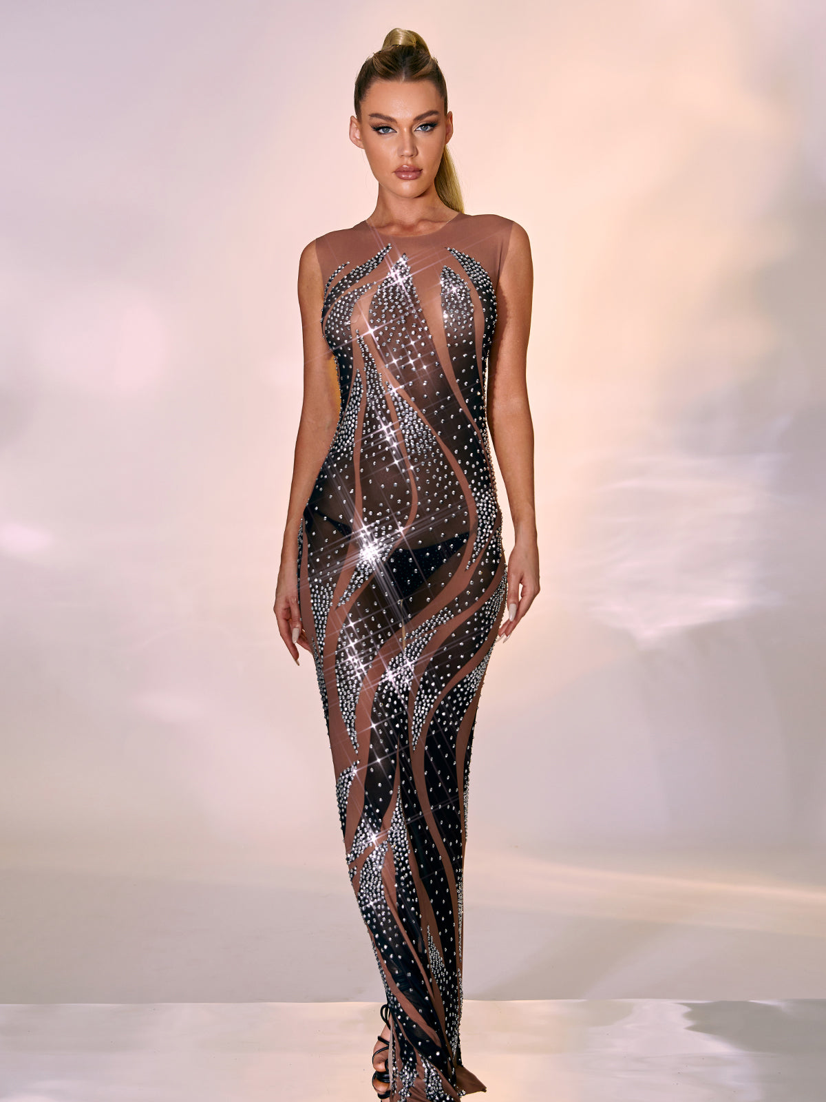 Black Rhinestone Mesh Maxi Dress | Mix Mix Style [Hot Seller]-Mix MIx Style