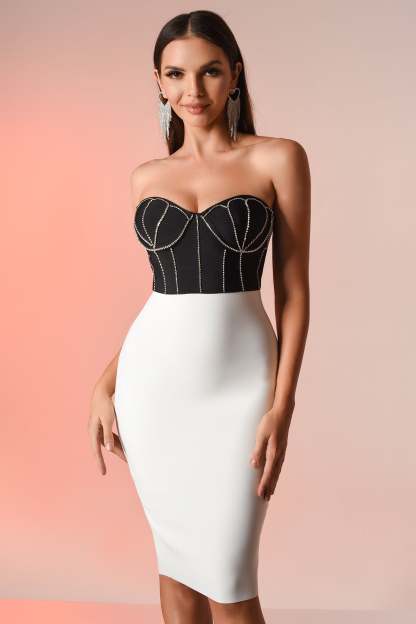 Black & White Diamante Mini Bandage Dress | Mix Mix Style [Hot Seller]-Mix MIx Style