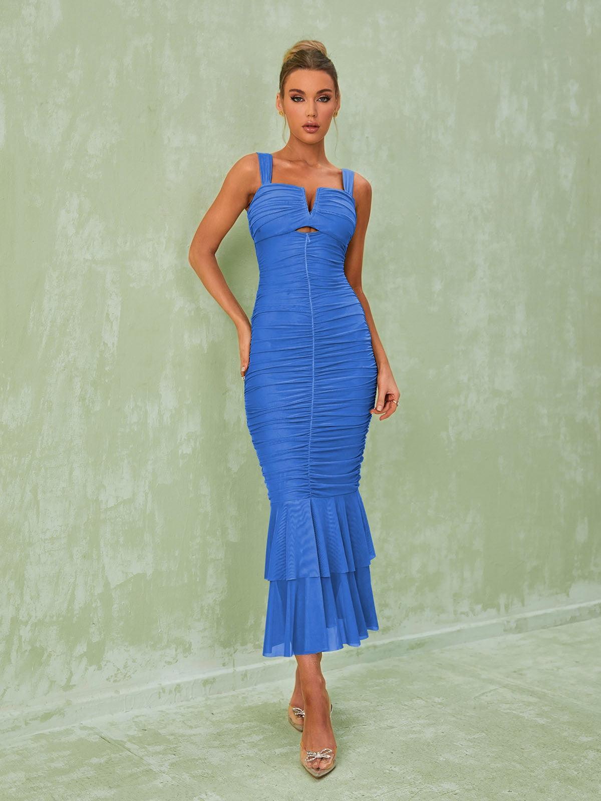 Eri Ruched Mesh Maxi Dress In Blue-Mix MIx Style