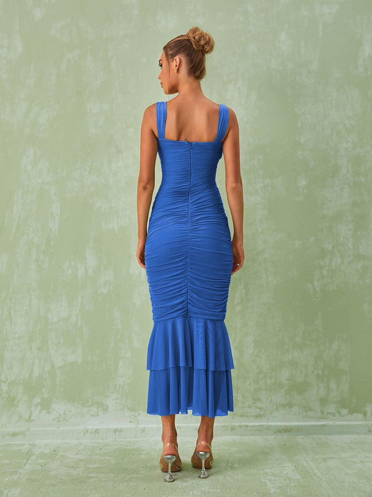 Eri Ruched Mesh Maxi Dress In Blue-Mix MIx Style