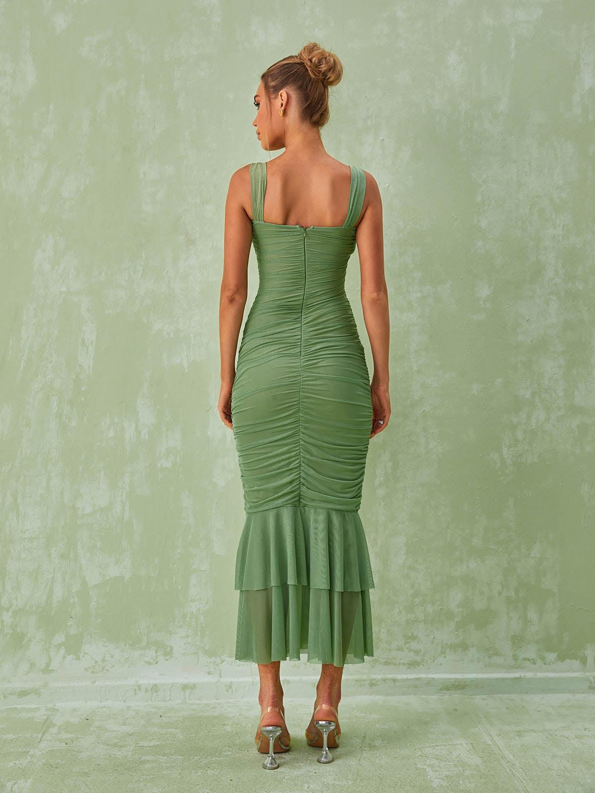 Ruched Mesh Maxi Dress In Green | Mix Mix Style [Hot Seller]-Mix MIx Style