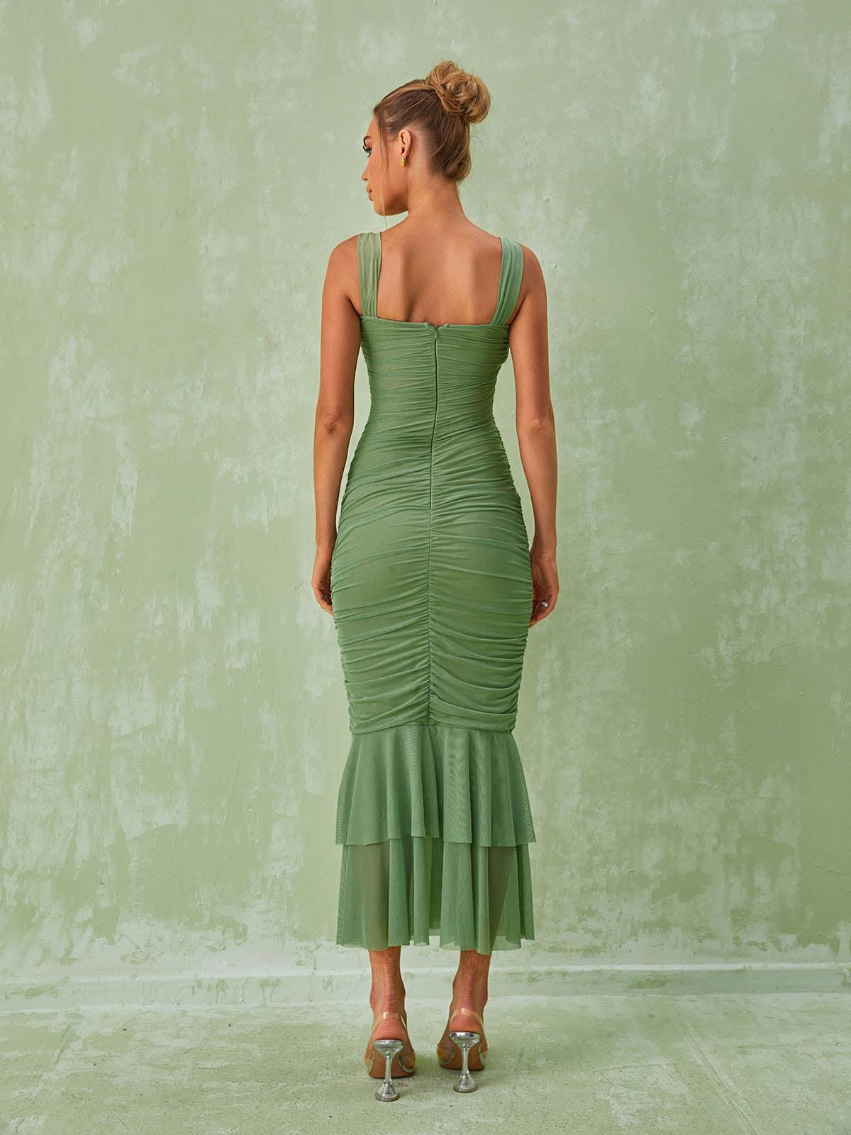 Ruched Mesh Maxi Dress In Green | Mix Mix Style [Hot Seller]-Mix MIx Style
