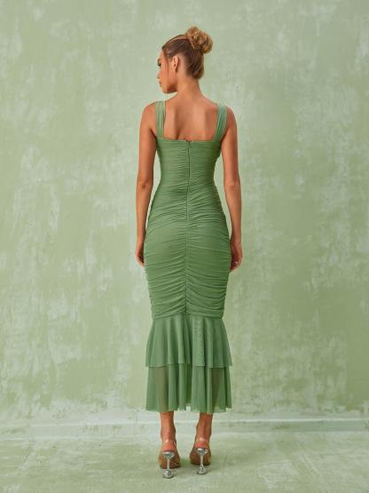 Ruched Mesh Maxi Dress In Green | Mix Mix Style [Hot Seller]-Mix MIx Style