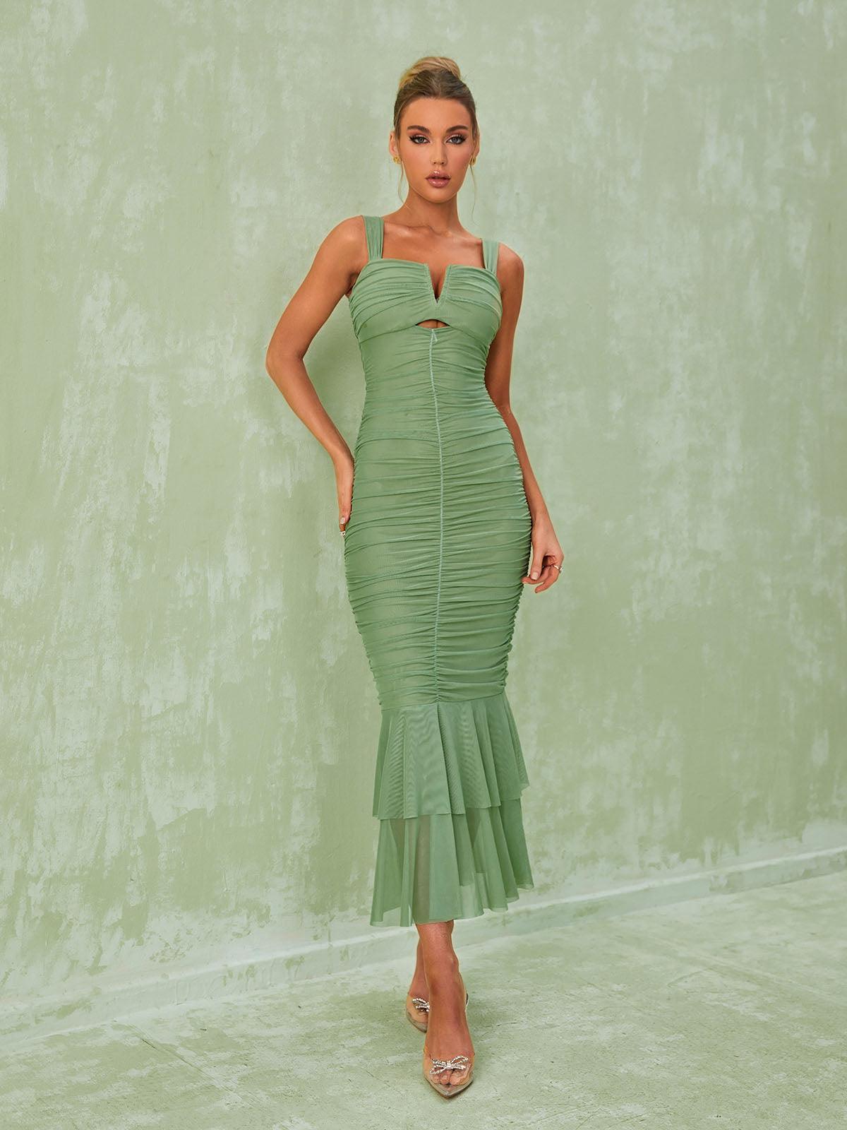 Ruched Mesh Maxi Dress In Green | Mix Mix Style [Hot Seller]-Mix MIx Style