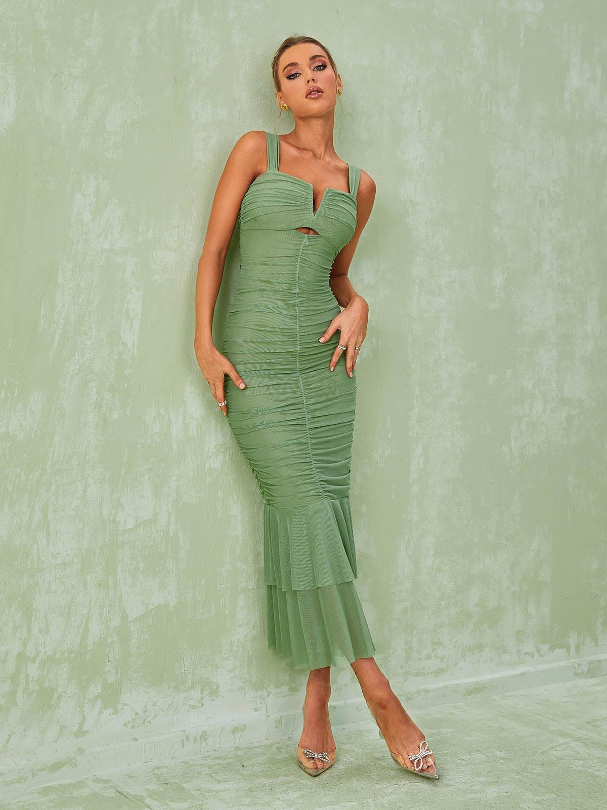 Ruched Mesh Maxi Dress In Green | Mix Mix Style [Hot Seller]-Mix MIx Style