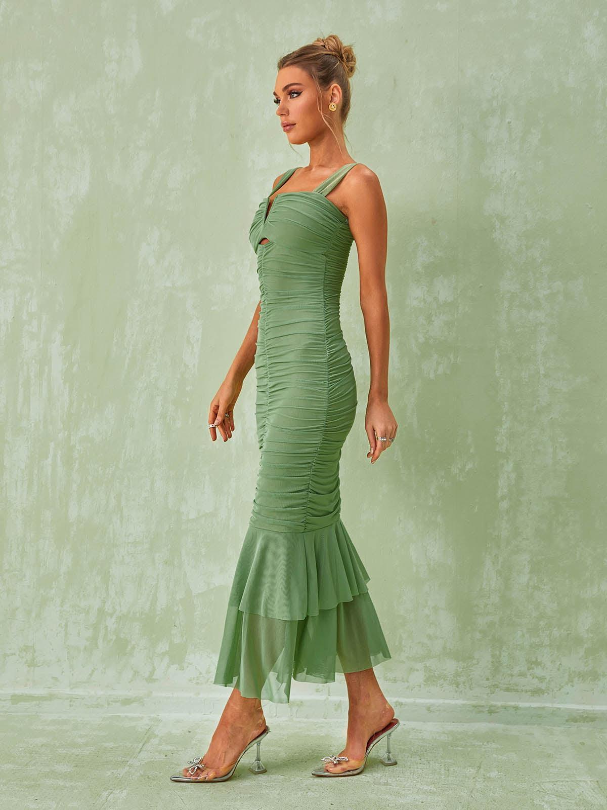 Ruched Mesh Maxi Dress In Green | Mix Mix Style [Hot Seller]-Mix MIx Style