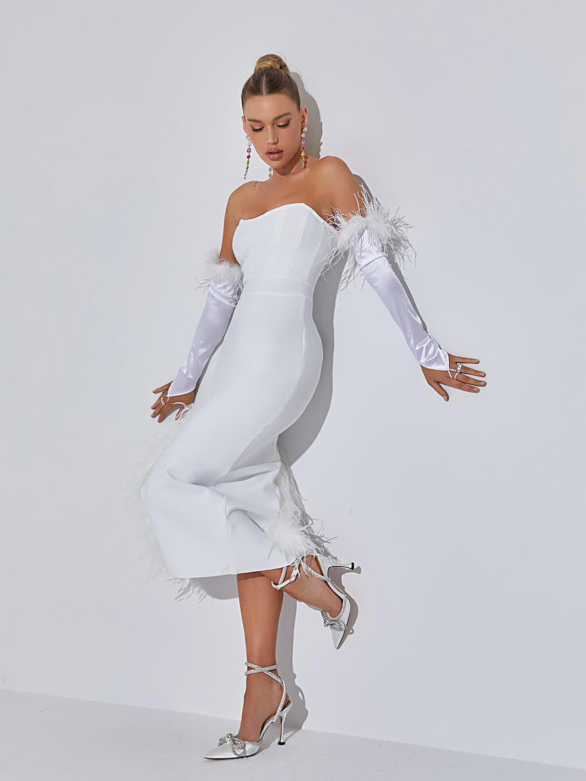 Strapless Feather Bandage Dress In White | Mix Mix Style [Hot Seller]-Mix MIx Style