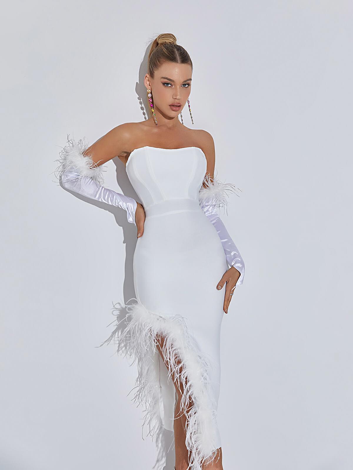 Strapless Feather Bandage Dress In White | Mix Mix Style [Hot Seller]-Mix MIx Style