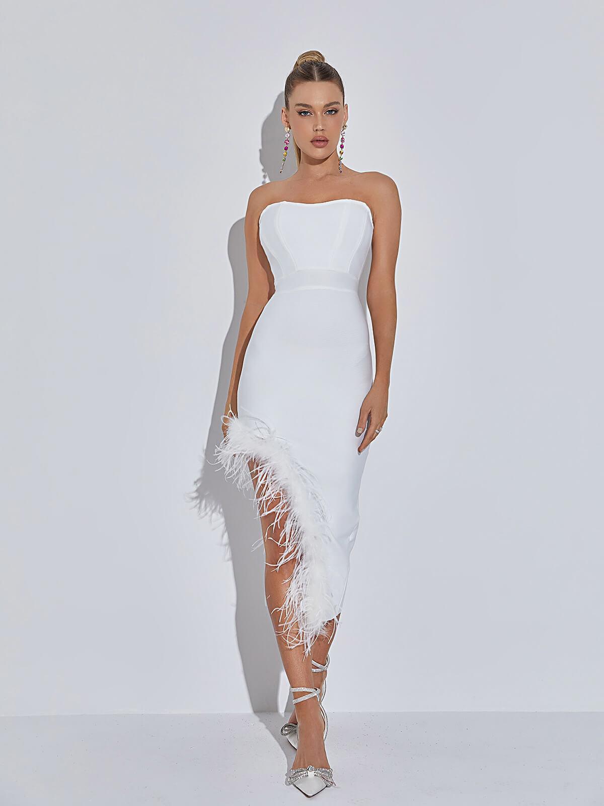 Strapless Feather Bandage Dress In White | Mix Mix Style [Hot Seller]-Mix MIx Style