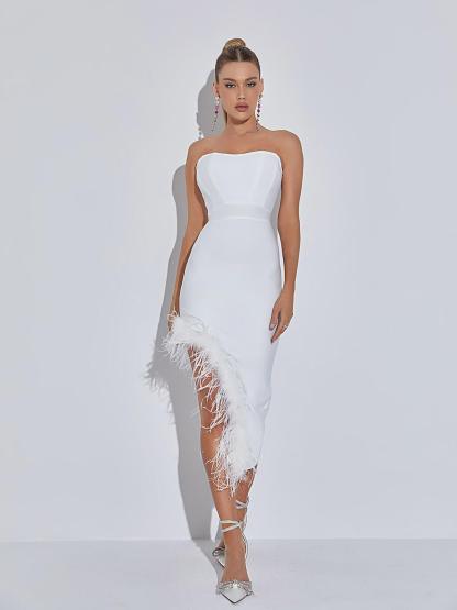 Strapless Feather Bandage Dress In White | Mix Mix Style [Hot Seller]-Mix MIx Style