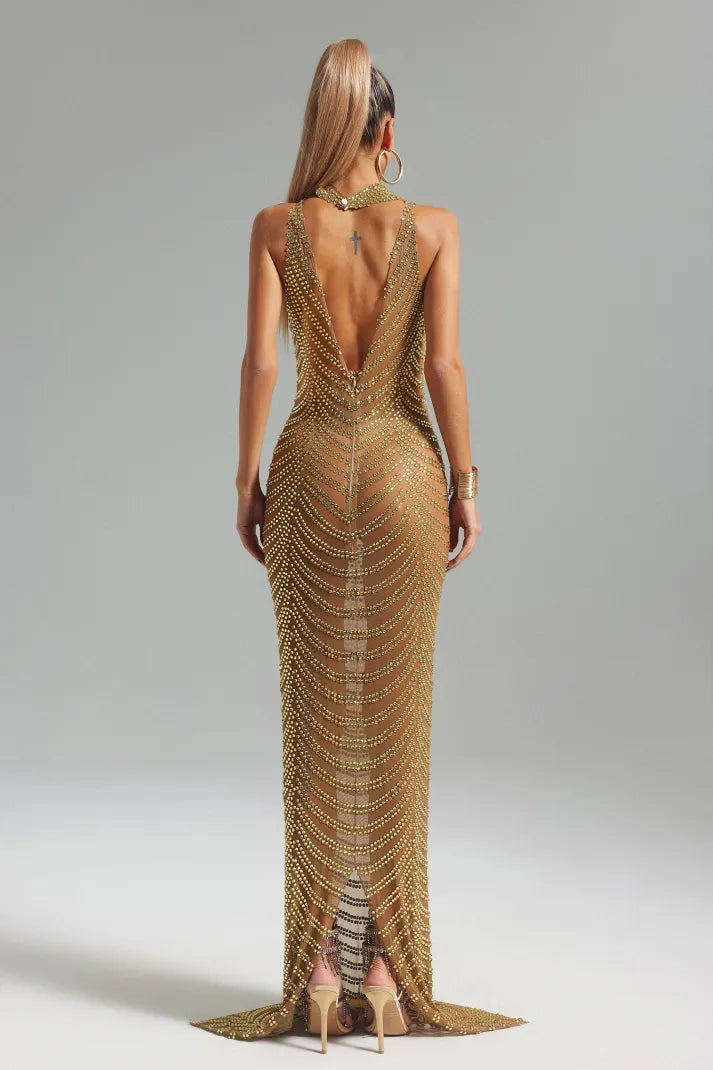 Gold Stand-collar See-through Sleeveless Diamonate Mesh Party Maxi Dress | Mix Mix Style