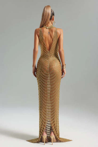 Gold Stand-collar See-through Sleeveless Diamonate Mesh Party Maxi Dress | Mix Mix Style
