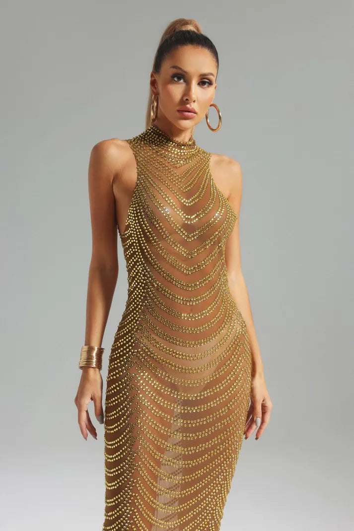 Gold Stand-collar See-through Sleeveless Diamonate Mesh Party Maxi Dress | Mix Mix Style