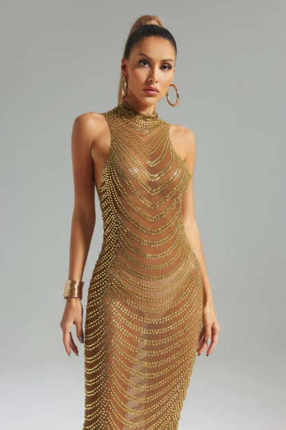 Gold Stand-collar See-through Sleeveless Diamonate Mesh Party Maxi Dress | Mix Mix Style