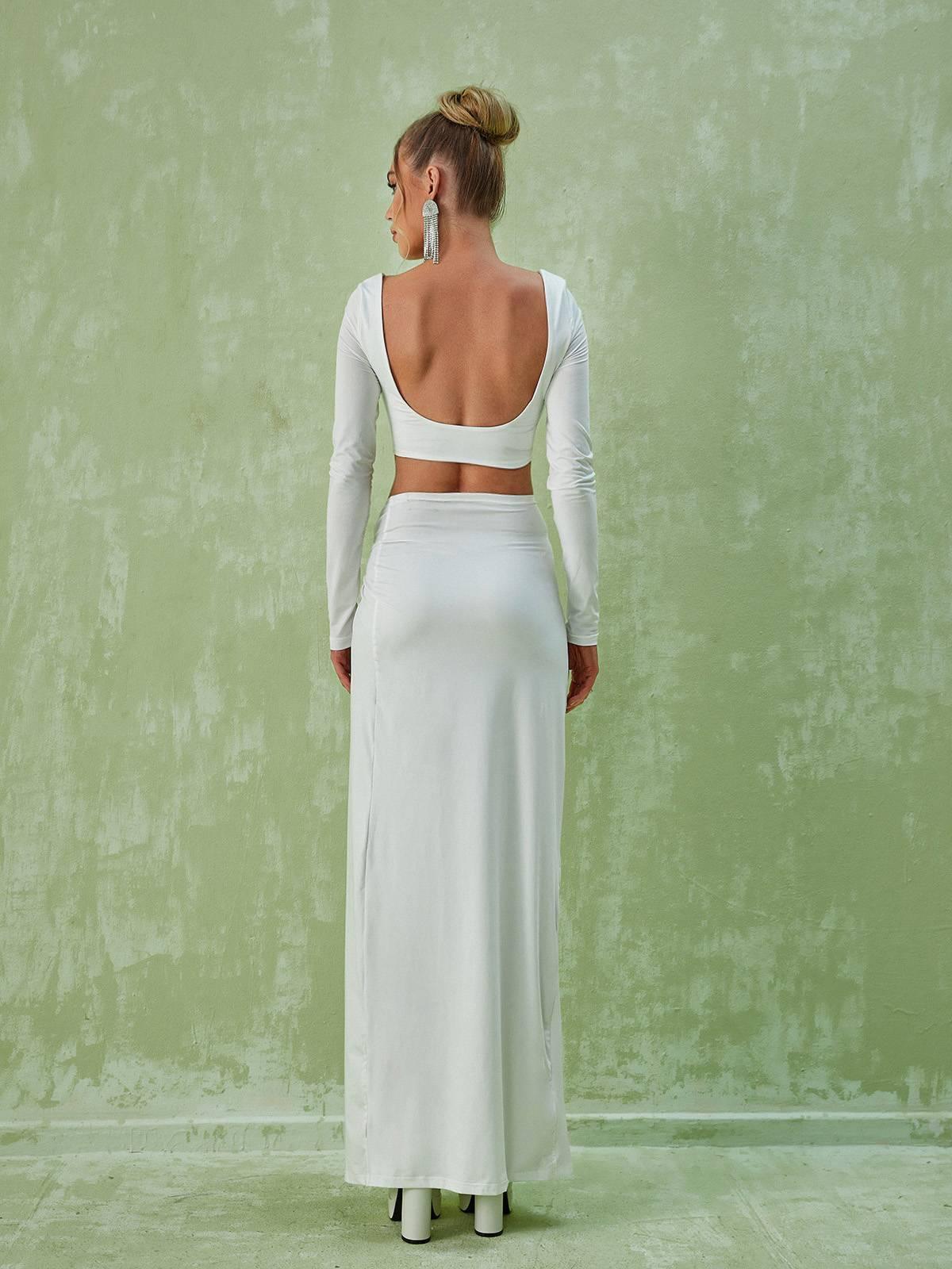Este Long Sleeve Ruched Split Set In White-Mix MIx Style