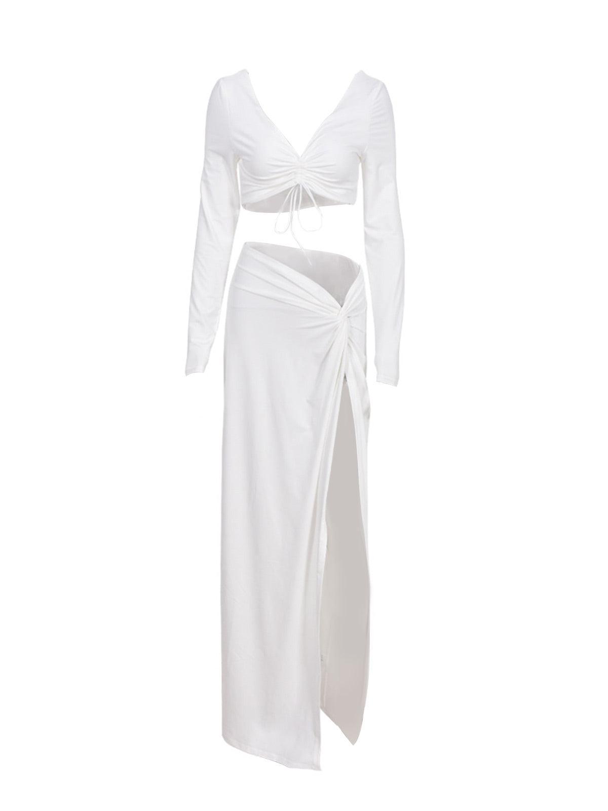 Este Long Sleeve Ruched Split Set In White-Mix MIx Style